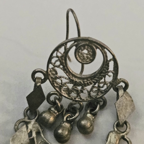 Vintage Handcrafted Intricate Ethnic Design Elegant Silver Chandelier Earrings - Picture 8 of 11